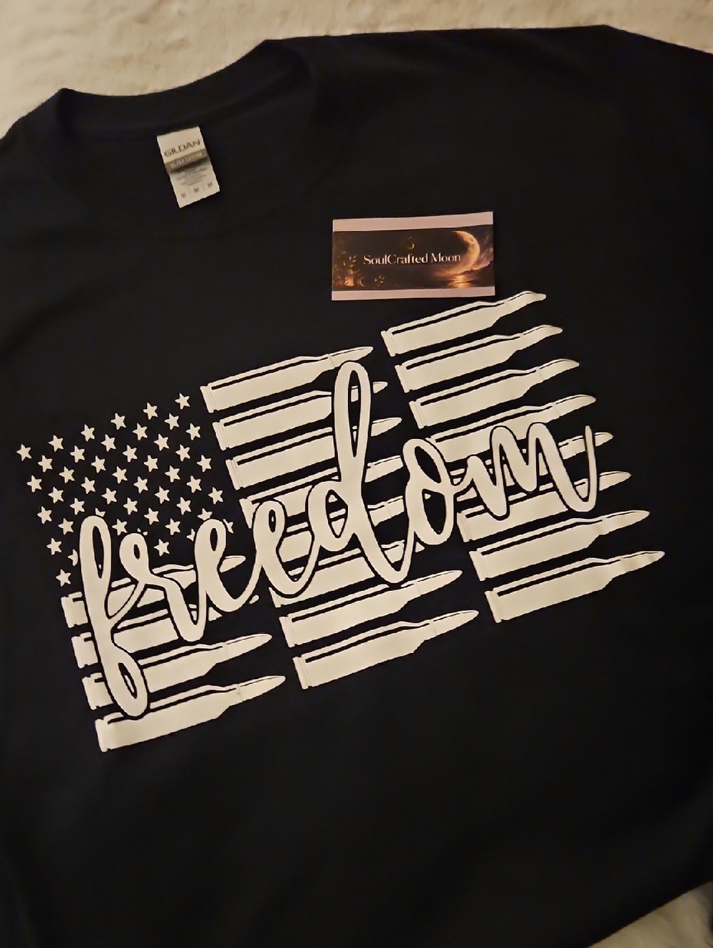 Gildan Black Tee with White Freedom Flag Graphic
